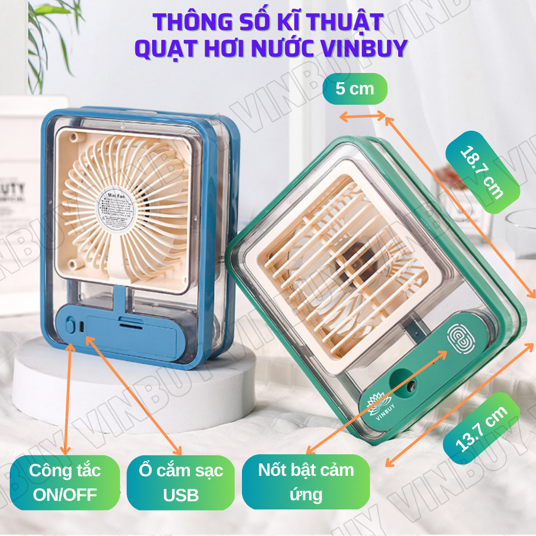 Quạt mini để bàn tích điện cầm tay VinBuy, phun sương hơi nước 3 cấp độ gió, có pin, đèn ngủ, tiện lợi di chuyển mọi nơi - Hàng chính hãng