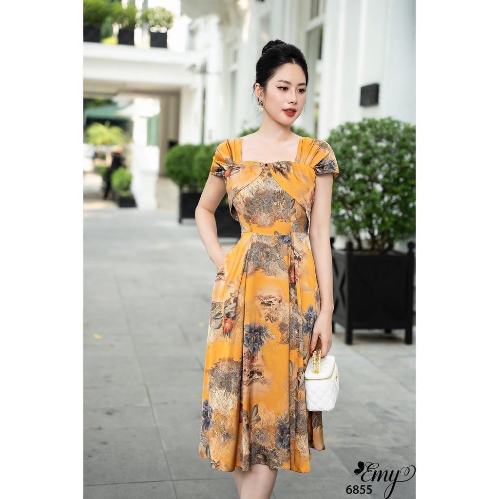 Đầm EMY EM6855 Xoè Cổ Vuông Tay Xếp Ply