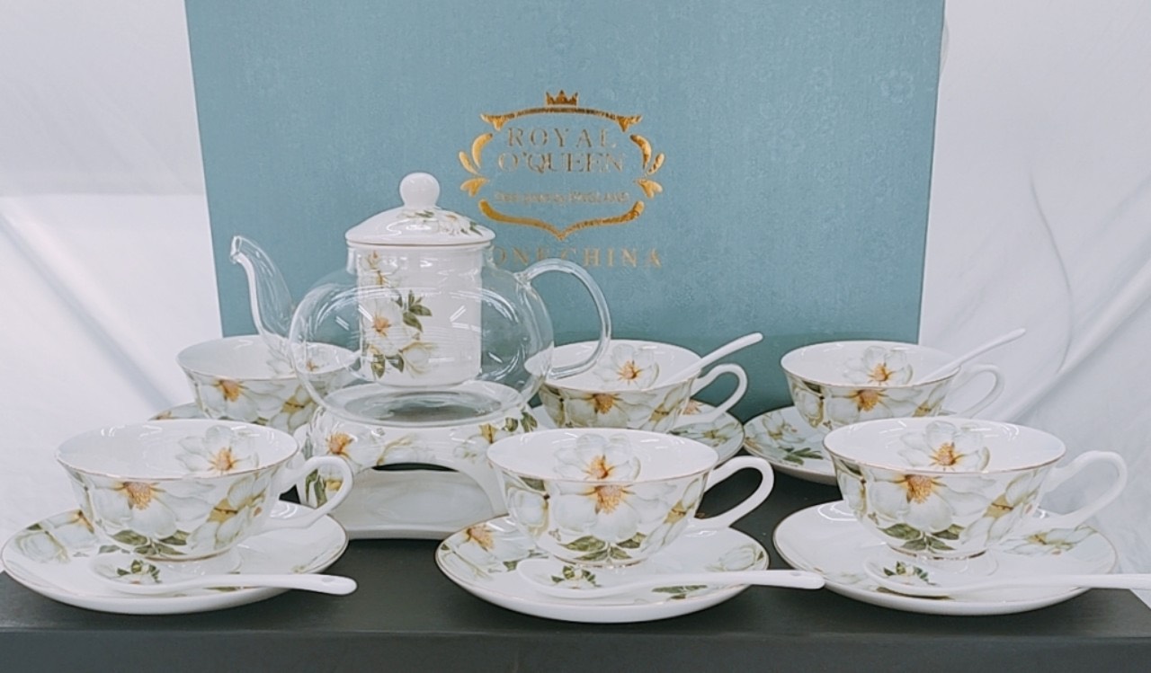 BỘ ẤM THỦY TINH PHA TRÀ HOA KÈM 6 CỐC KHAY VÀ THÌA SỨ XƯƠNG CAO CẤP - VD58