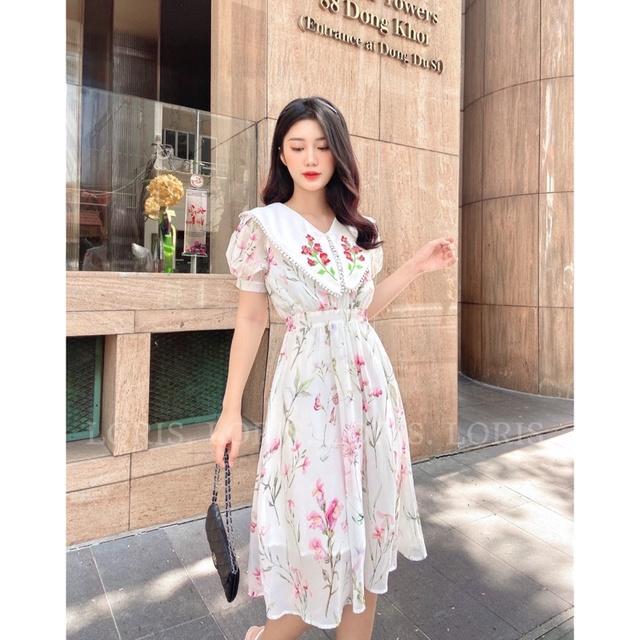 Đầm hoa hồng cổ thêu hoa