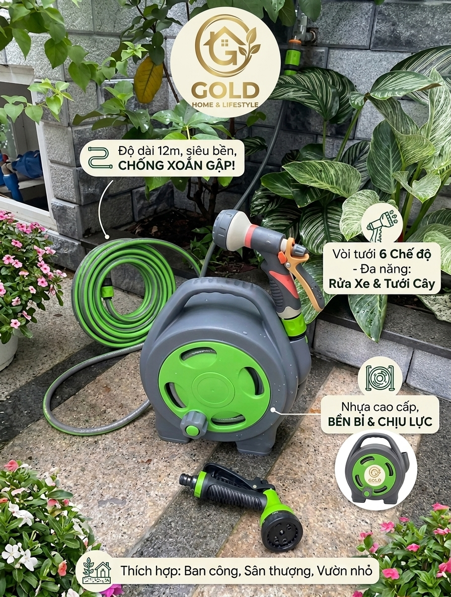Bộ vòi tưới cây rửa xe cuộn dây dài 12m kèm vòi tưới 6 chế độ - Giao màu ngẫu nhiên