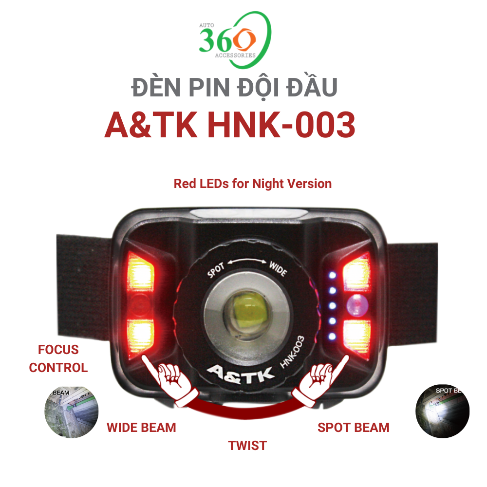 Đèn Pin Đội Đầu A&amp;TK HNK-003, Đèn Pin Đội Đầu Siêu Sáng 5 Chế Độ, Cảm Biến Chuyển Động, Chống Nước