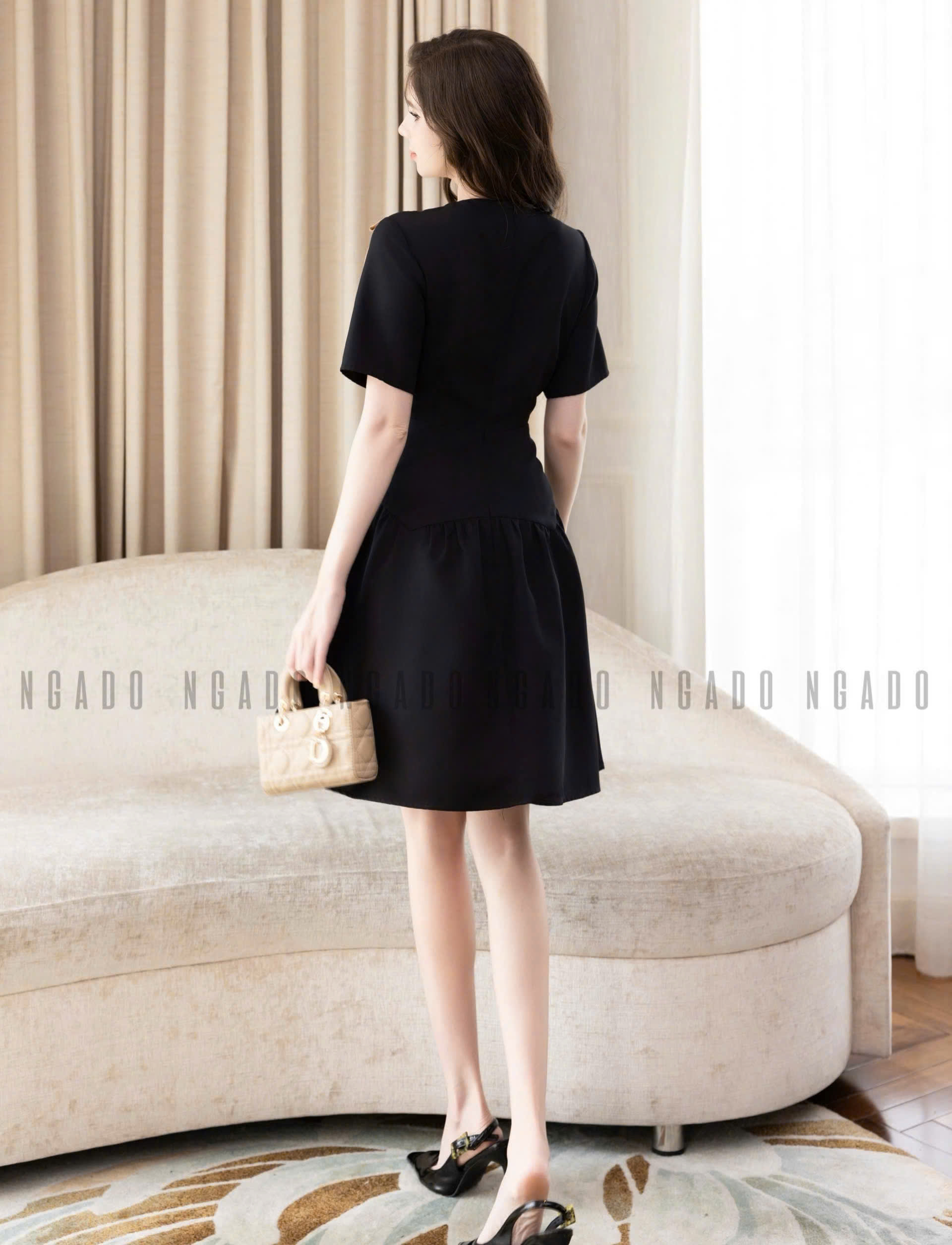 Đầm đen cổ nơ nâu NGADO , đầm kiểu , đầm dự tiệc , đầm công sở