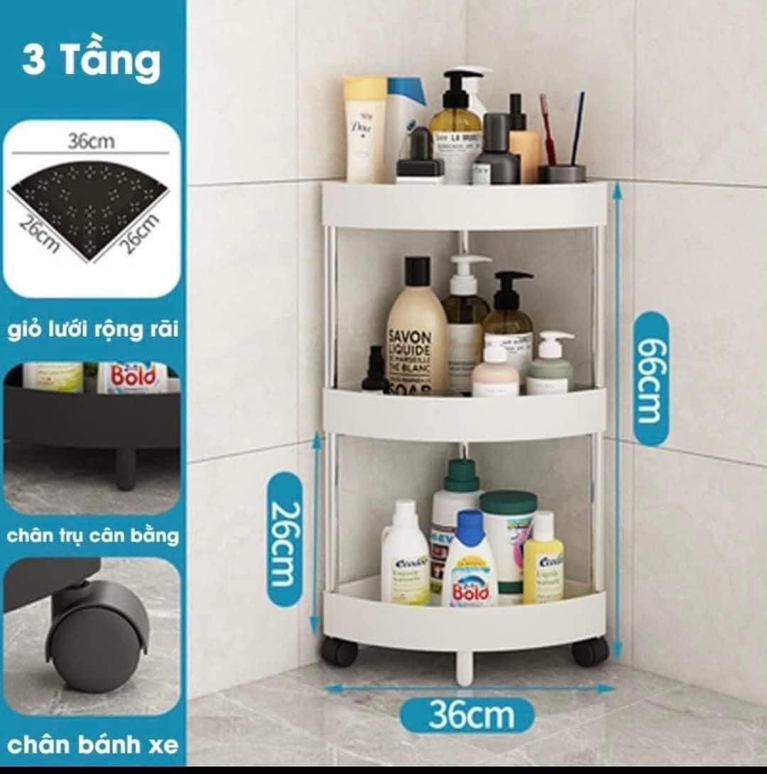 KỆ GÓC CHÉO 3 TẦNG CÓ BÁNH XE