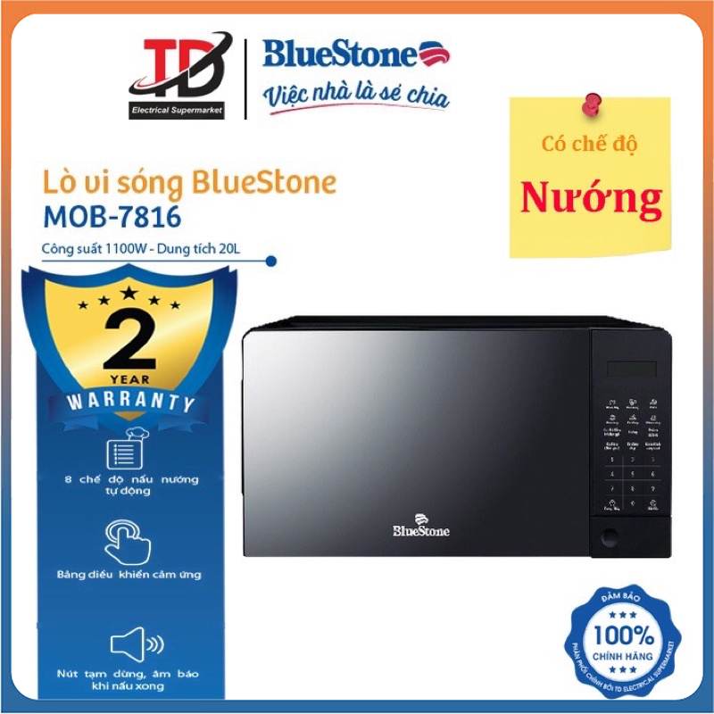 Lò vi sóng điện tử BlueStone MOB-7816 Dung tích 20L - Công suất 1100W - 8 chế độ nấu - hàng chính hãng