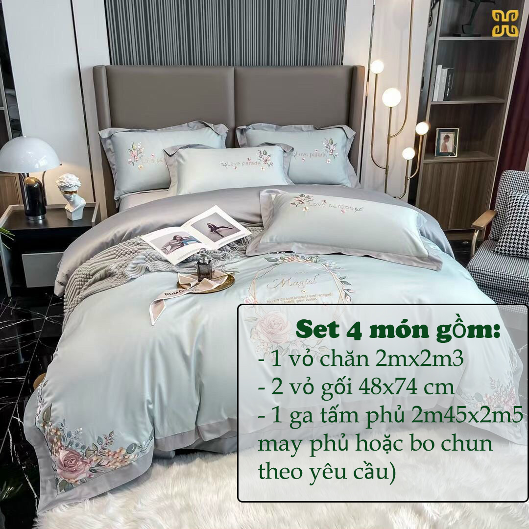 Set lụa 4 món cao cấp LYG Home Bedding Furniture mềm mịn tặng 02 ruột gối bông Micro