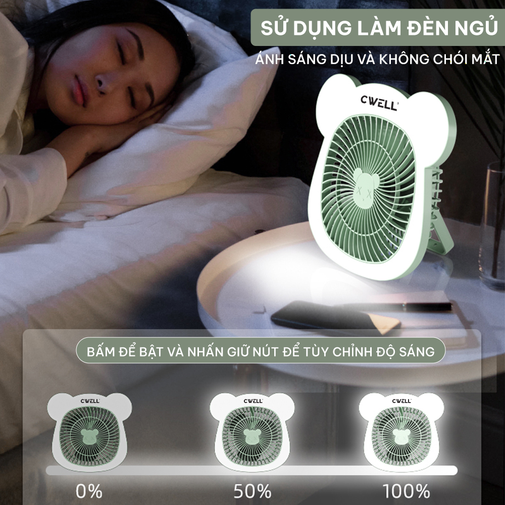 Quạt mini để bàn, quạt tích điện 3 tốc độ CWELL kèm dải 25 đèn Led, có móc treo - Tặng cáp sạc USB