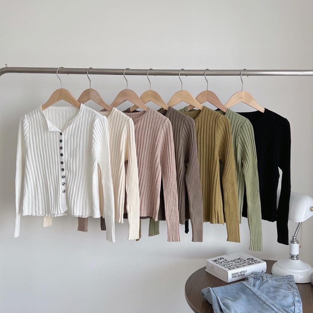 Áo len gân đũa tay dài nữ cài cúc dáng ôm co giãn dày dặn mềm mịn, Cardigan len dệt kim kiểu maxi sang chảnh trẻ trung
