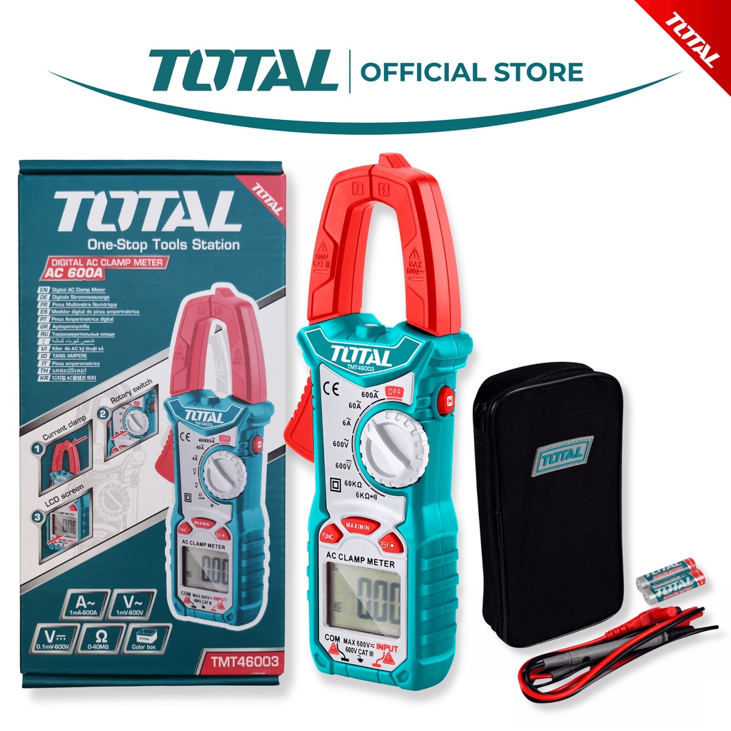 Ampe kềm đo điện AC kỹ thuật số TOTAL TMT46003 - Kèm túi dựng, Ampe kìm, độ chính xác cao, màn hình LCD 6000 số đếm, có đèn nền ban đêm, có kèm pin