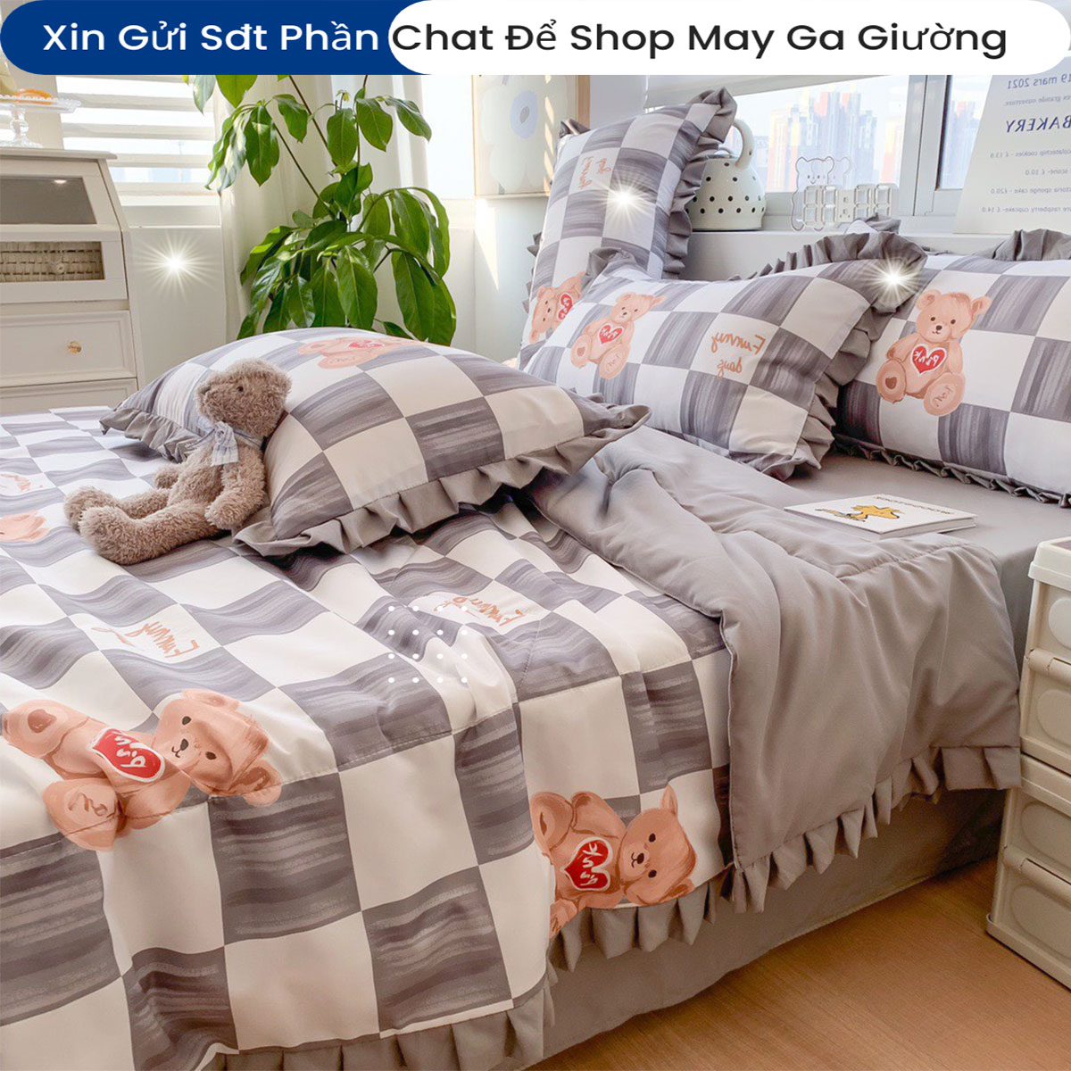 Bộ Chăn Ga Gối Đệm Hè Cotton Tici ANNA NGUYÊN Drap Giường Cotton Cao Cấp Mẫu Kẻ Ô Bo Chun Drap