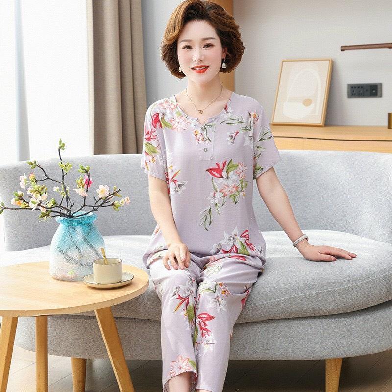 Bộ mặc nhà trung niên quần dài chất cotton cực mát