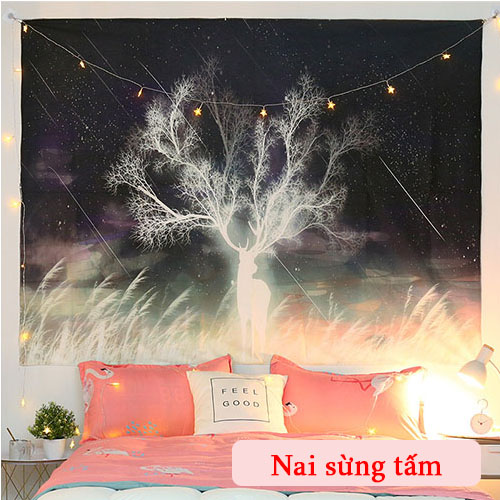 [ĐẸP - SẴN] Thảm treo tường trang trí, Decor phòng hình nai sừng tấm (150x130cm, TẶNG móc treo) + dây dèn led 8m