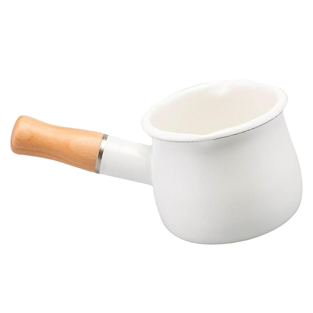 550ml Small Enamel Milk Cooking Sauce Pan Pot Wooden Handle Cookware White
