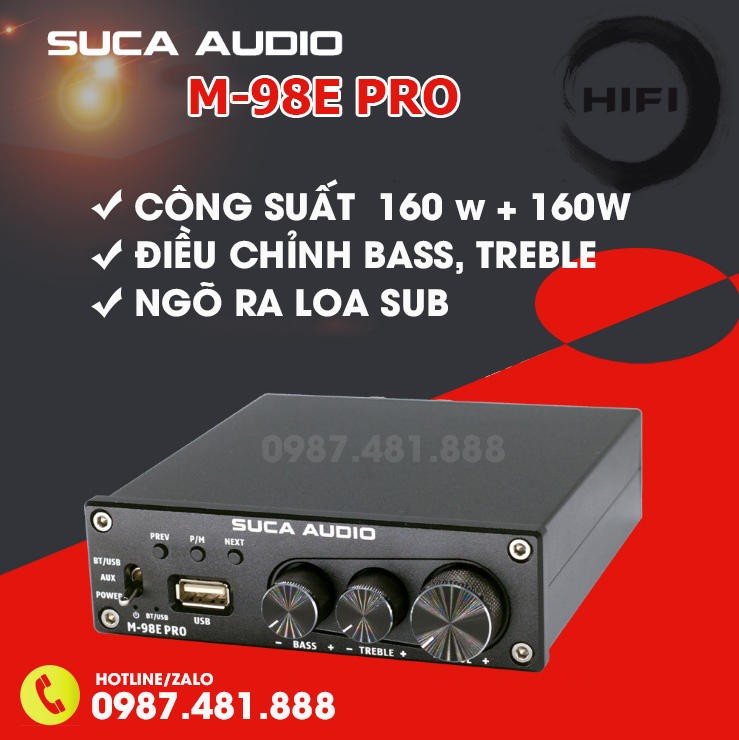 SUCA AUDIO M98E PRO - Amply nghe nhạc mini kiêm bộ giải mã âm thanh chất lượng cao- Tặng USB chứa nhạc lossless - Công suất 160w/kênh - Hàng chính hãng