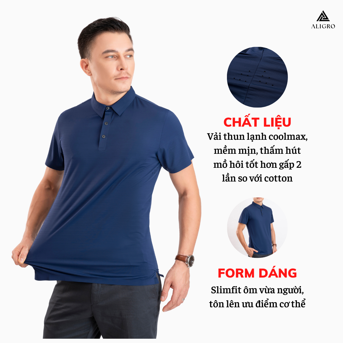 Áo polo golf nam ngắn tay ALIGRO chất vải coolmax trơn màu navy năng động ALGPLO122