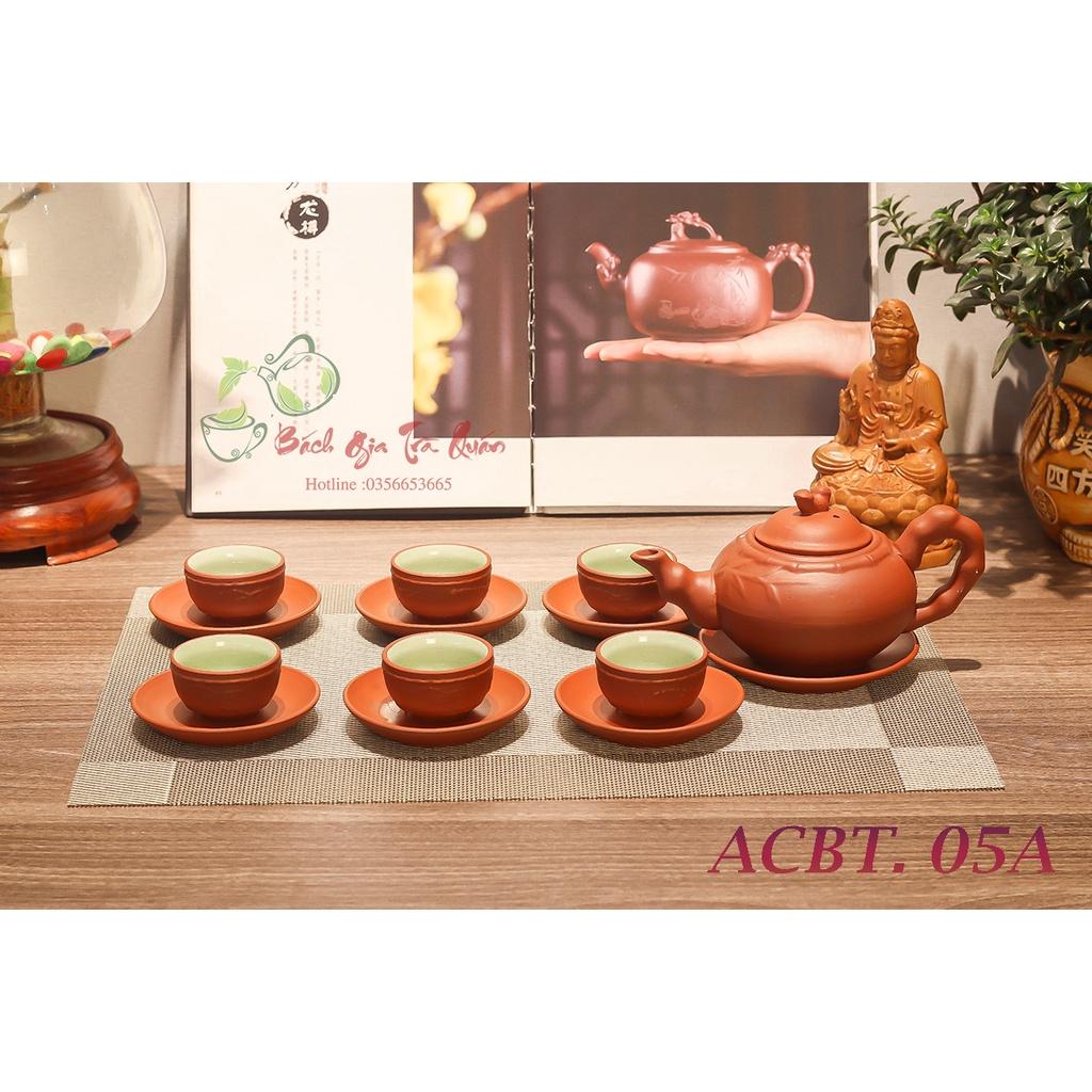 Bộ Ấm Chén Gốm Tử Sa Bát Tràng - Họa Tiết Trúc Đắp Nổi ACBT05