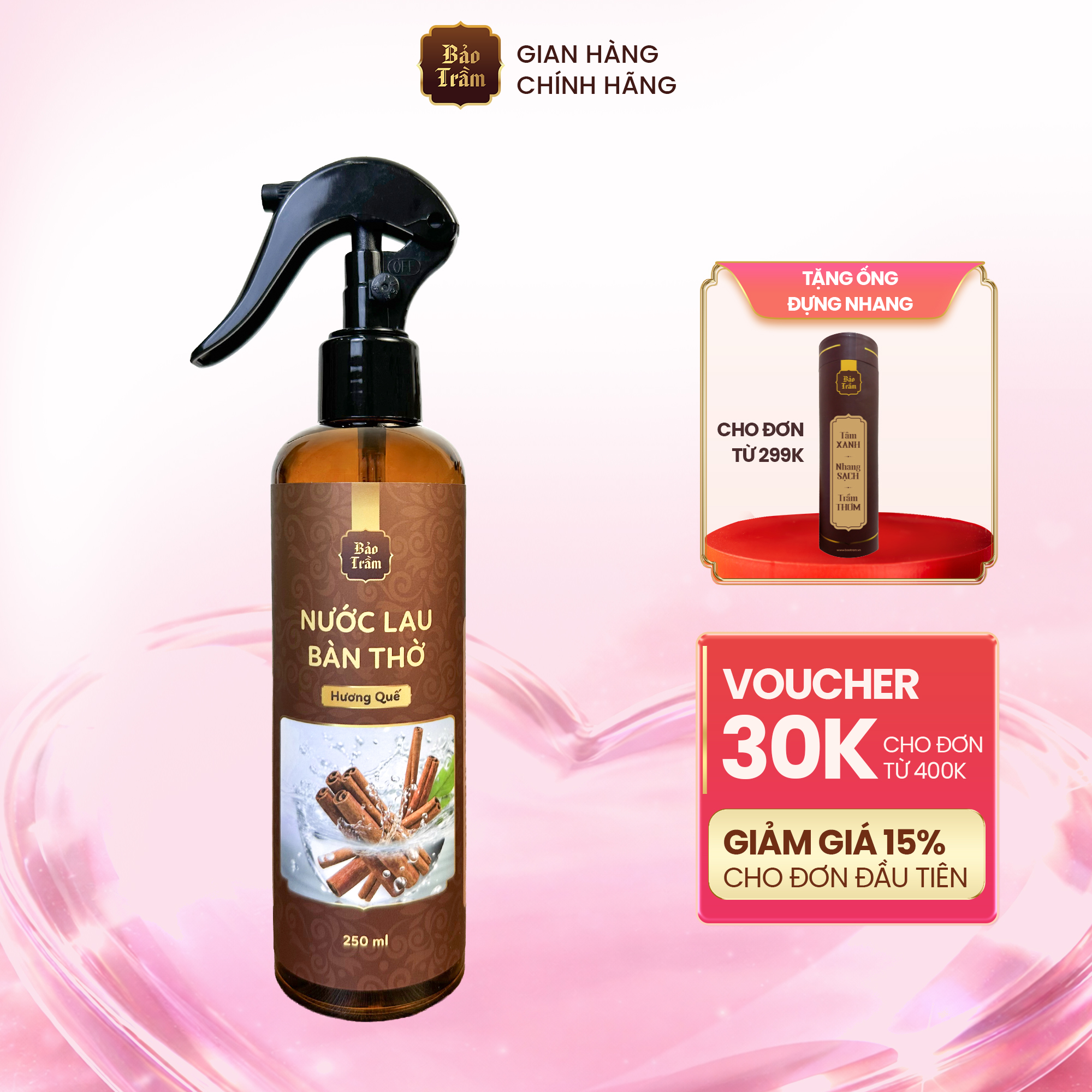Nước lau bàn thờ hương quế nhãn nâu 250ml Bảo Trầm - Sạch gian thờ cho không gian thêm tôn nghiêm