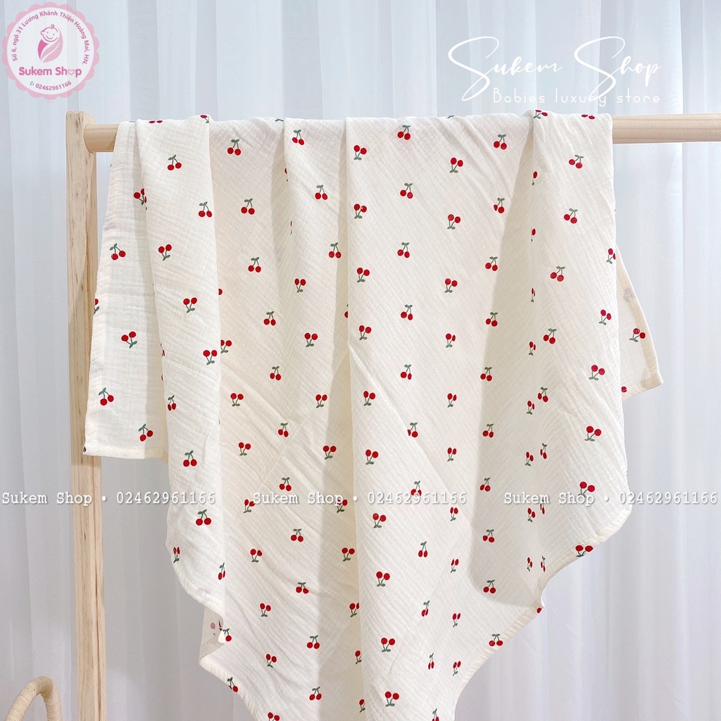 Vải xô muslin 2 lớp hình cherry  nền trắng tinh