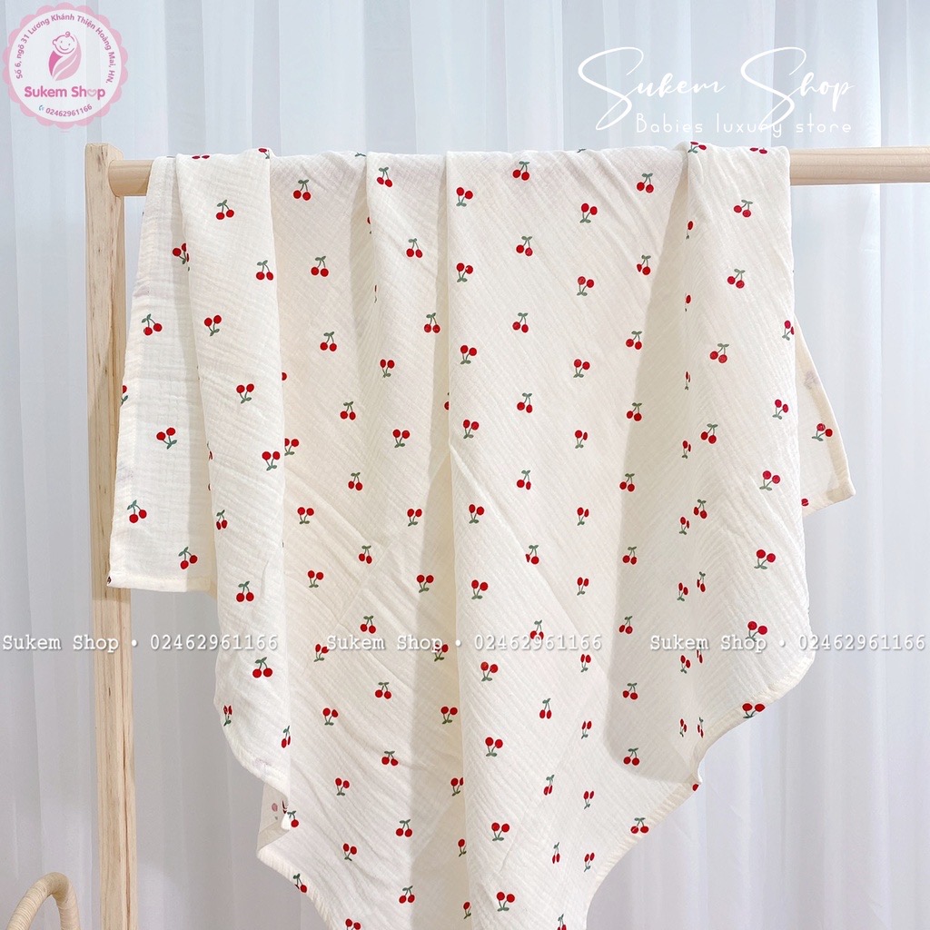 Vải xô muslin 2 lớp hình cherry  nền trắng tinh