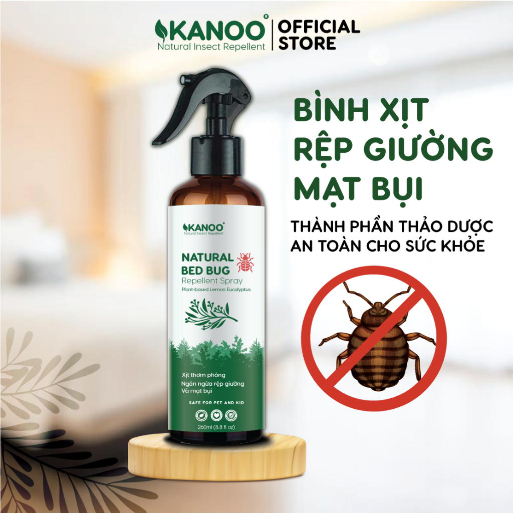 Bình xịt hỗ trợ ngăn ngừa ve bọ, rệp giường, mạt bụi KANOO, thành phần từ thảo dược tự nhiên. Bình xịt thơm phòng, hỗ trợ đuổi côn trùng
