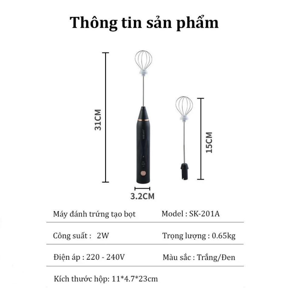 Máy Đánh Trứng Sokany SK-201A Cầm Tay Không Dây Cao Cấp - Máy Tạo Bọt Cafe 3 Tốc Độ Thông Minh Tiện Lợi