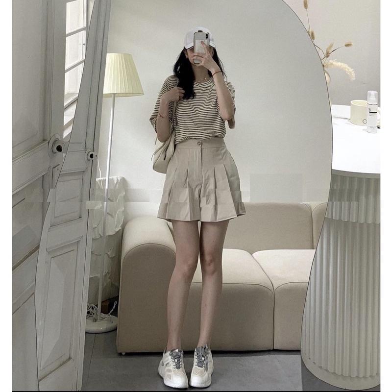 Set đồ nữ Áo thun mix quần short kaki giả váy kẻ ngang bánh bèo Ulzzang dành cho nữ PHULA