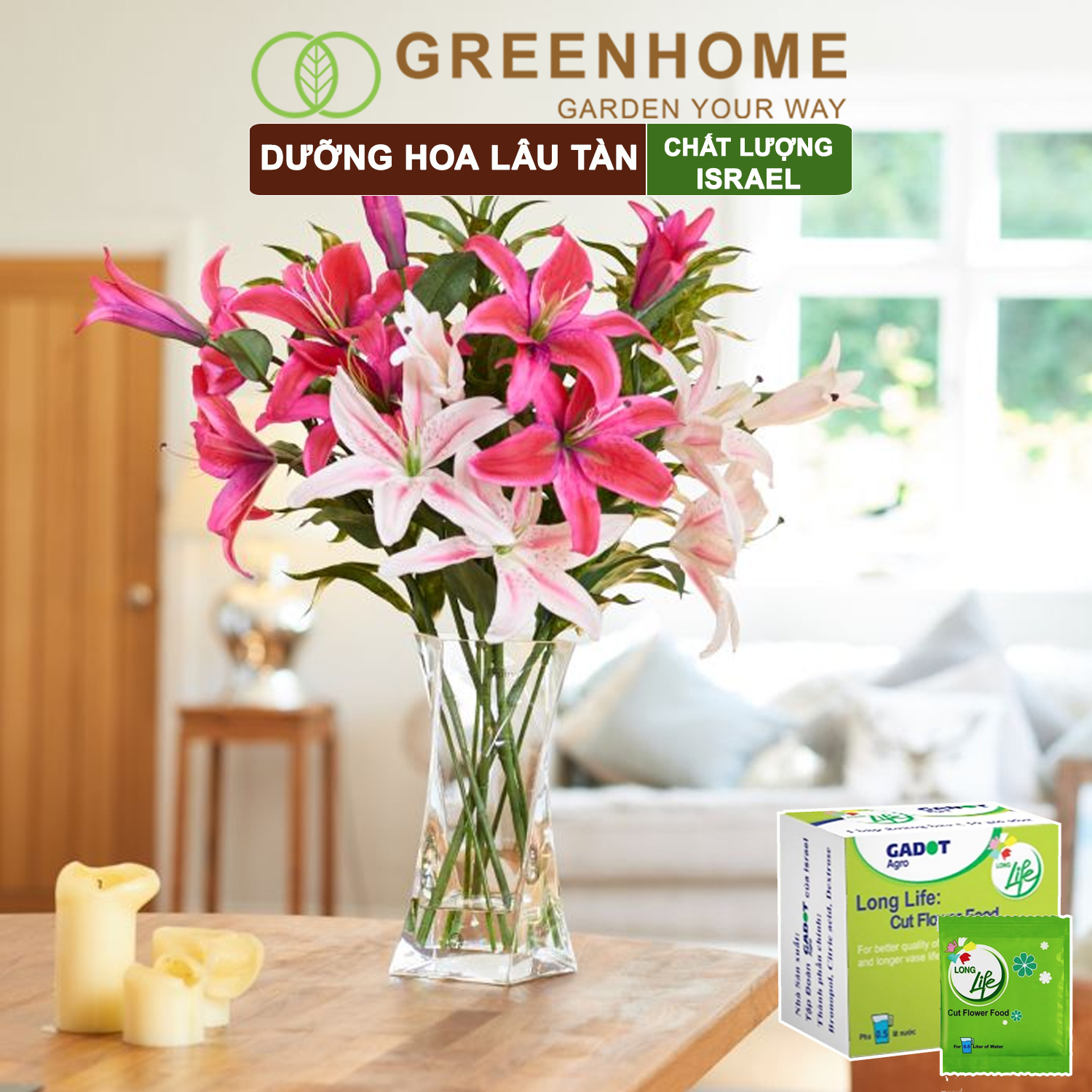 Dưỡng Hoa Tươi Lâu Greenhome, Longlife, Phân Bón Cho Hoa Cắt Cành, Gói 5gr, Lâu Tàn, Nở Bông To, Không Bị Hôi Nước