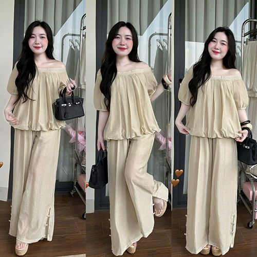 Bộ đồ ngủ nữ 2 màu trắng, be kiểu dáng rộng rãi thoải mái, chất liệu vải mềm mại, phù hợp cho việc ở nhà hoặc đi chơi nhẹ nhàng