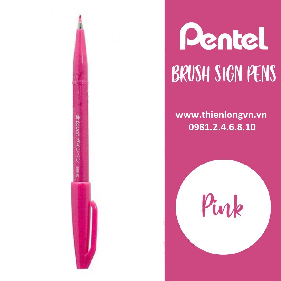 Bút lông viết thư pháp hiện đại Pentel SES15C-P màu Hồng; Calligraphy Fude Touch Sign - Pink