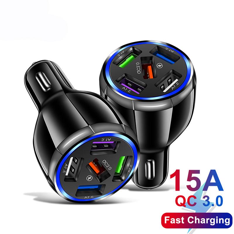 Ebesfous 5 cổng sạc USB trong xe 15A QC3.0 Bộ sạc xe sạc nhanh cho iPhone 14 13 12 Bộ sạc xe điện thoại di động Bộ điều hợp mới