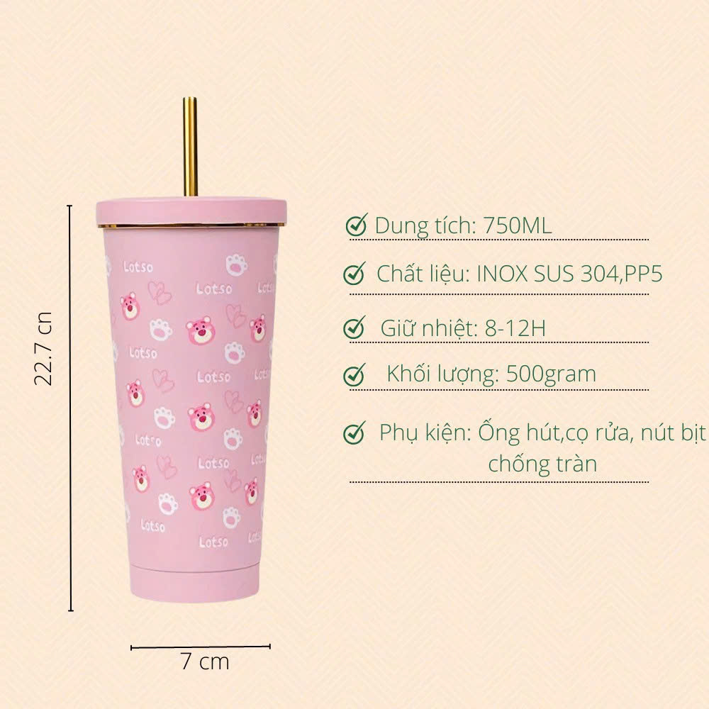 Ly Giữ Nhiệt Lotso Inox 304 Cao Cấp 750ml Kèm Ống Hút, Ly Giữ Nhiệt Gấu Dâu Hoạt Hình Dễ Thương Giữ Nhiệt 8-12h - Tặng Kèm Túi Đựng - HÀng Chính Hãng MINIIN