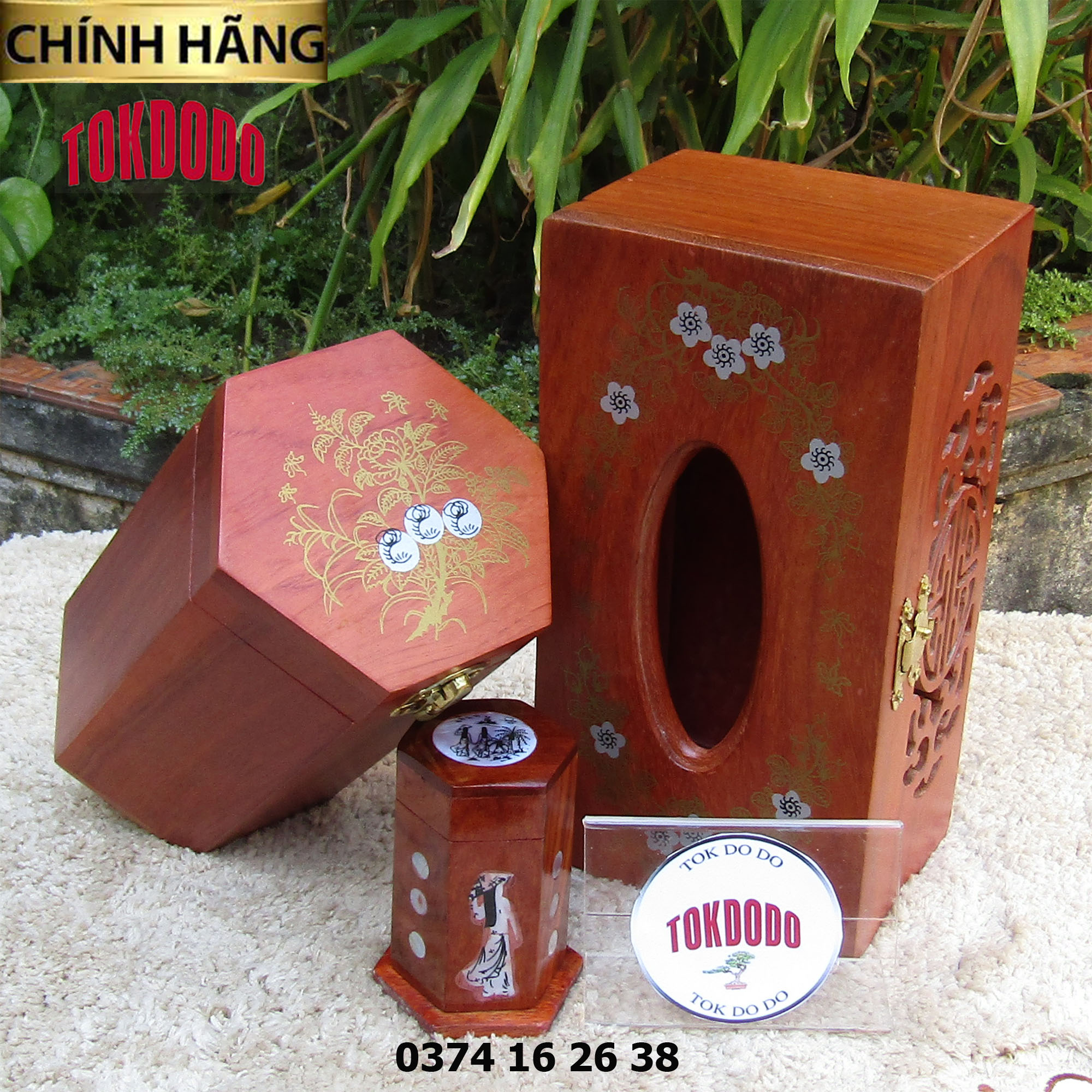 Bộ 3 Hộp Giấy, Hộp Trà, Hộp Tăm Gỗ Tự Nhiên In Hoa Văn TOKDODO