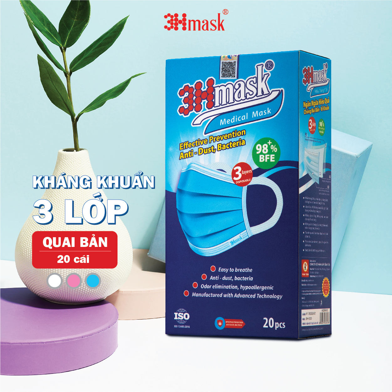 Khẩu Trang Y Tế 3HMask 3 Lớp Quai Bản (Xanh)