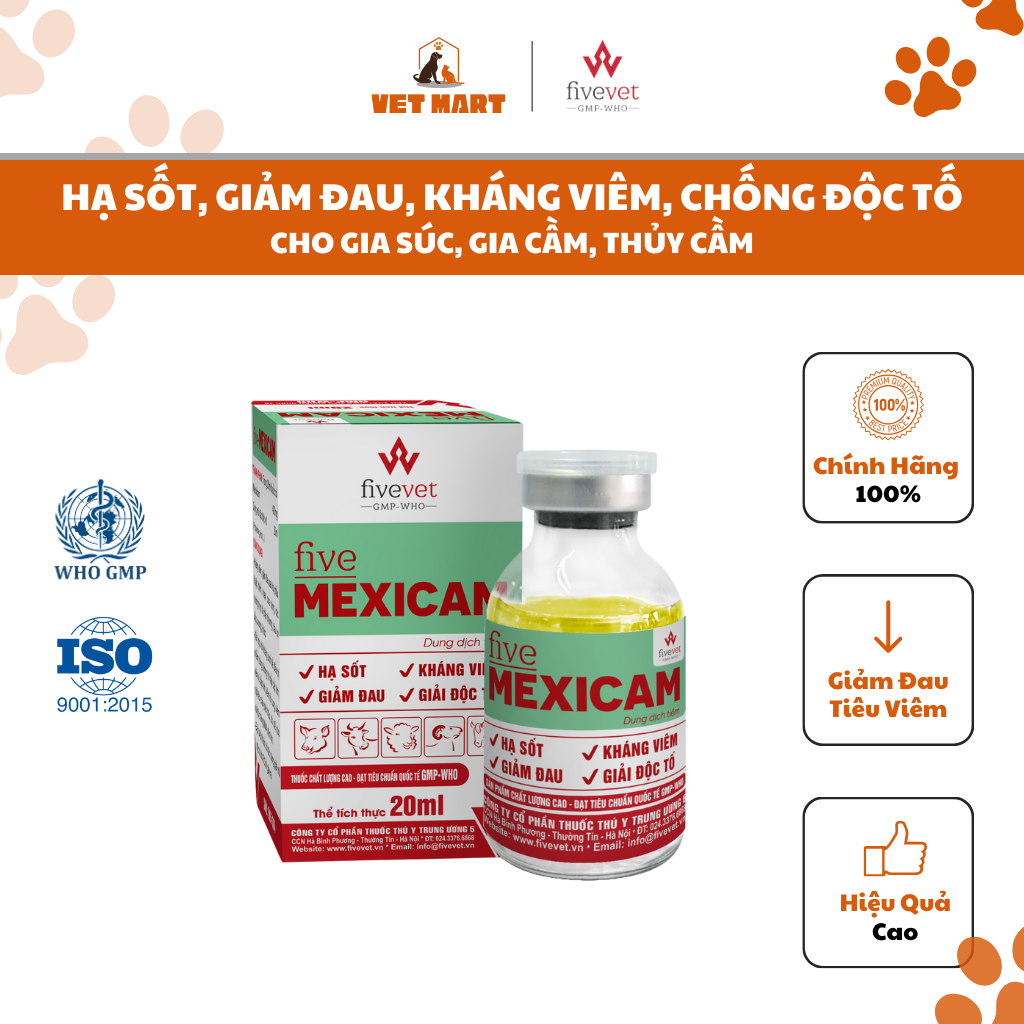 Five-Mexicam-HẠ SỐT, GIẢM ĐAU, KHÁNG VIÊM, CHỐNG ĐỘC TỐ cho gia súc, gia cầm