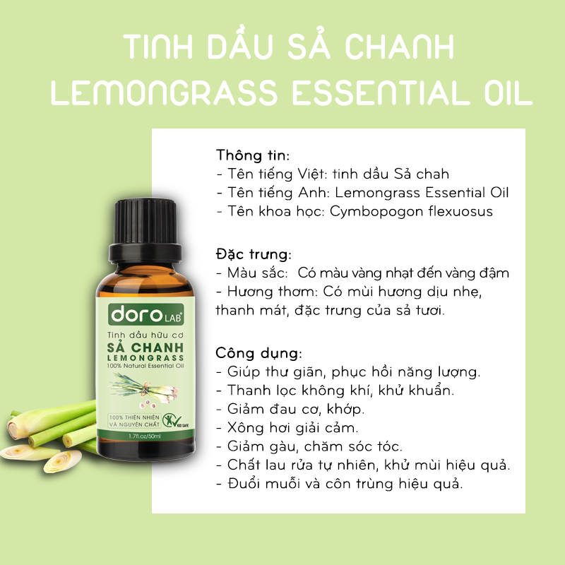 Tinh dầu Sả chanh cao cấp | Lemongrass essential oil. Tinh dầu xông phòng Doro giúp khử mùi, thanh lọc không khí, giảm căng thẳng, đuổi muỗi và côn trùng