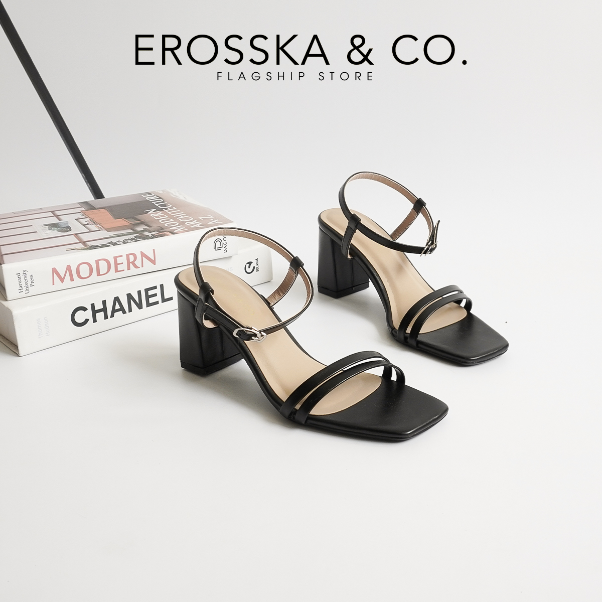 Erosska - Sandal cao gót mũi hở đế vuông phối dây quai mảnh cao 7cm - EB063