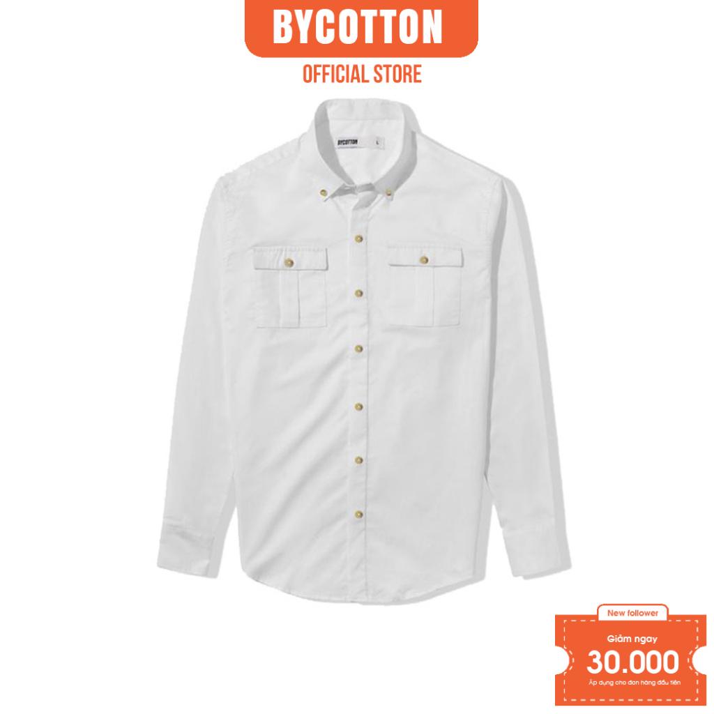 Áo Sơ Mi Nam Dài Tay Trắng Nút Nâu Hai Túi BY COTTON Pocket White Brown Button Shirt