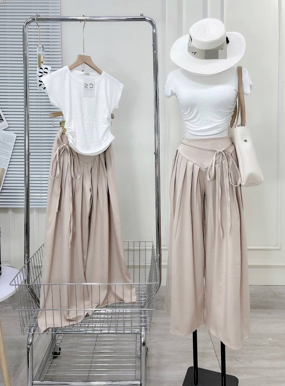 SET QUẦN ỐNG RỘNG GIẢ VÁY MIDI XẾP LY DÂY RÚT LƯNG THUN CAO MAXI + ÁO THUN 3 LỖ PASTEL ĐI TIỆC DẠO PHỐ ĐI CHƠI ĐI BIỂN