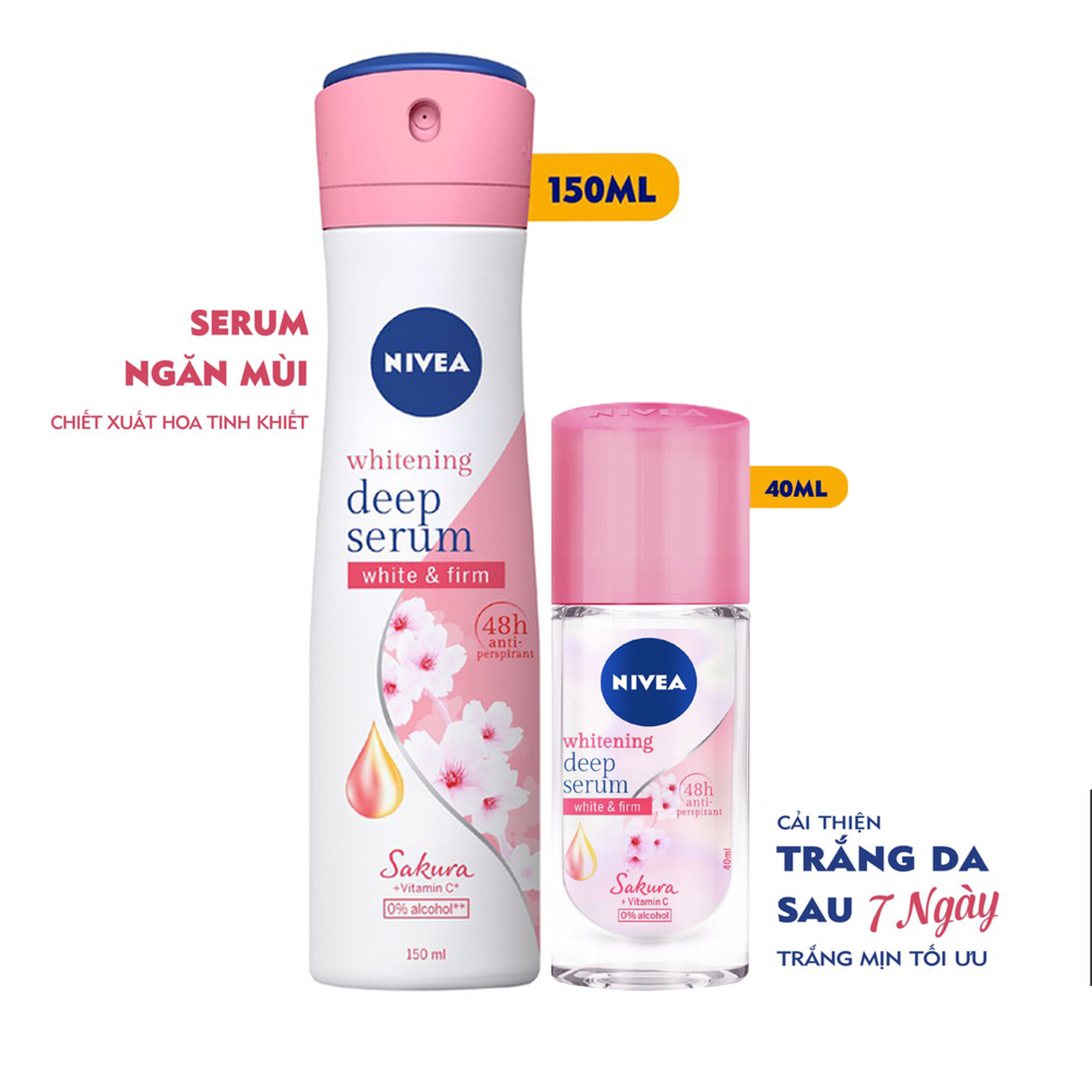 Bộ Đôi Xịt và Lăn Ngăn Mùi Nivea Serum Trắng Mịn Hương Hoa Anh Đào Sakura (150ml+40ml)