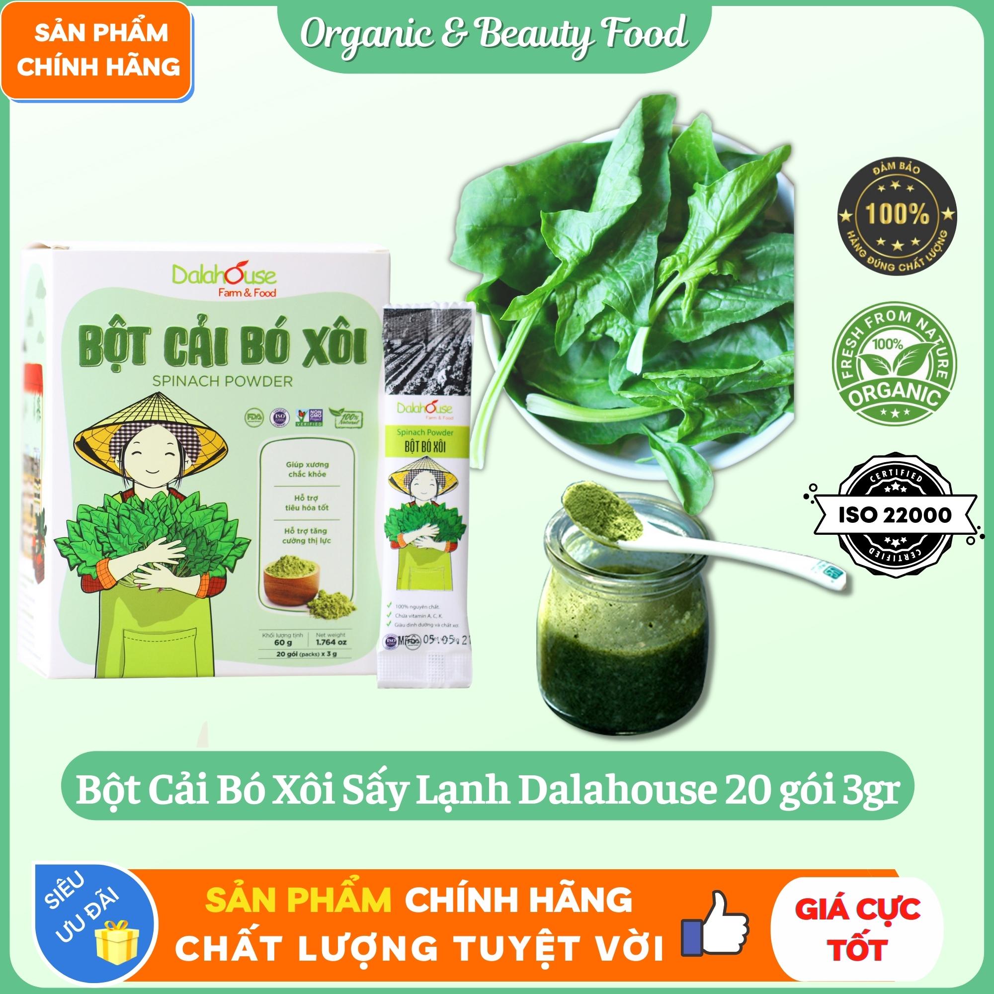 Bột Cải Bó Xôi Hữu Cơ Sấy Lạnh Nguyên Chất Dalahouse - Hộp 20 gói 3gr - Giúp xương chắc khỏe - Hỗ trợ tiêu hóa tốt