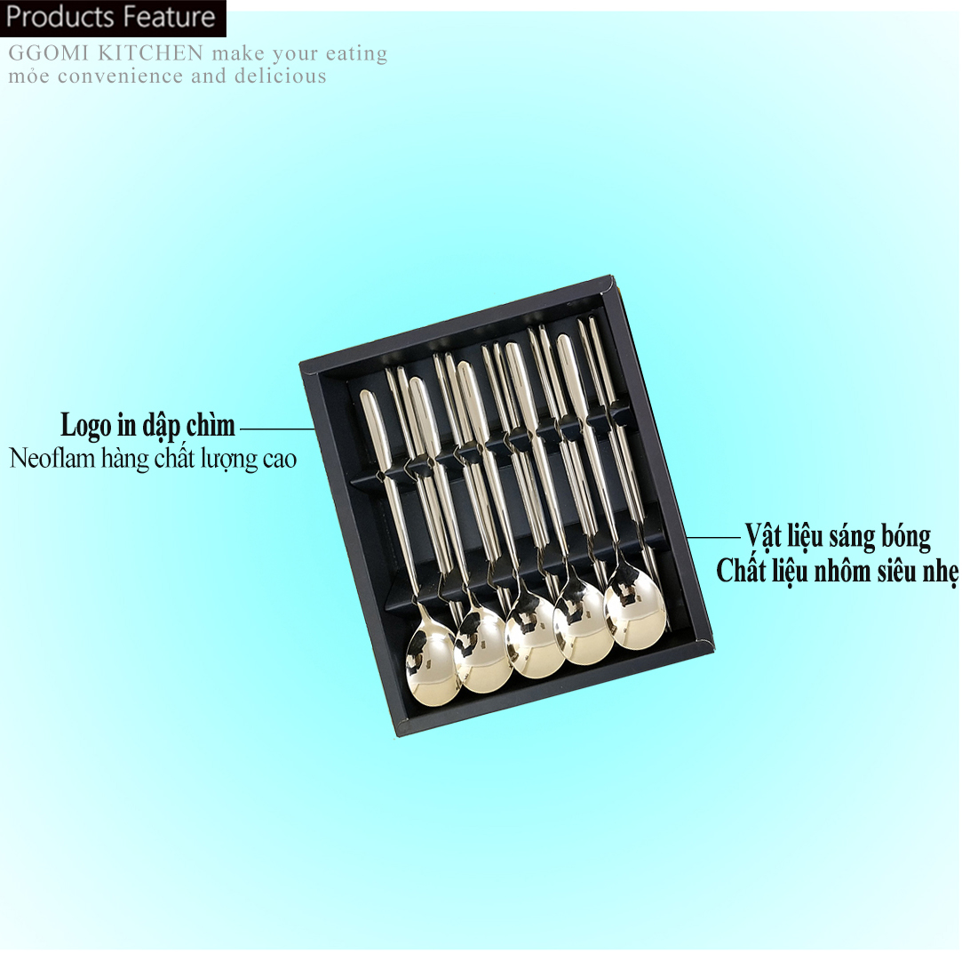Bộ 5 đôi đũa và 5 thìa inox siêu nhẹ sản xuất bằng vật liệu chất lượng cao,bền bỉ đến từ GGOMi Hàn Quốc MK335