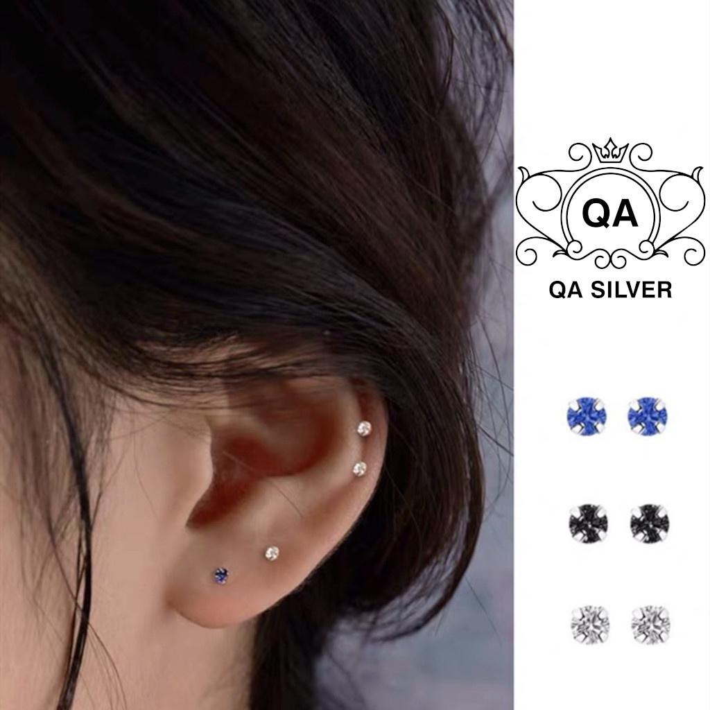 Bông tai bạc 925 nụ đá nhỏ nam nữ 4 chấu khuyên mini trắng đen xanh S925 MINIMAL Silver Earrings QA SILVER EA200603
