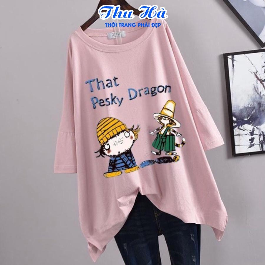 Áo thun nam nữ form rộng tay lỡ Thu Hà áo phông unisex freesize chất liệu mềm mát in chữ That Pesky Dragon