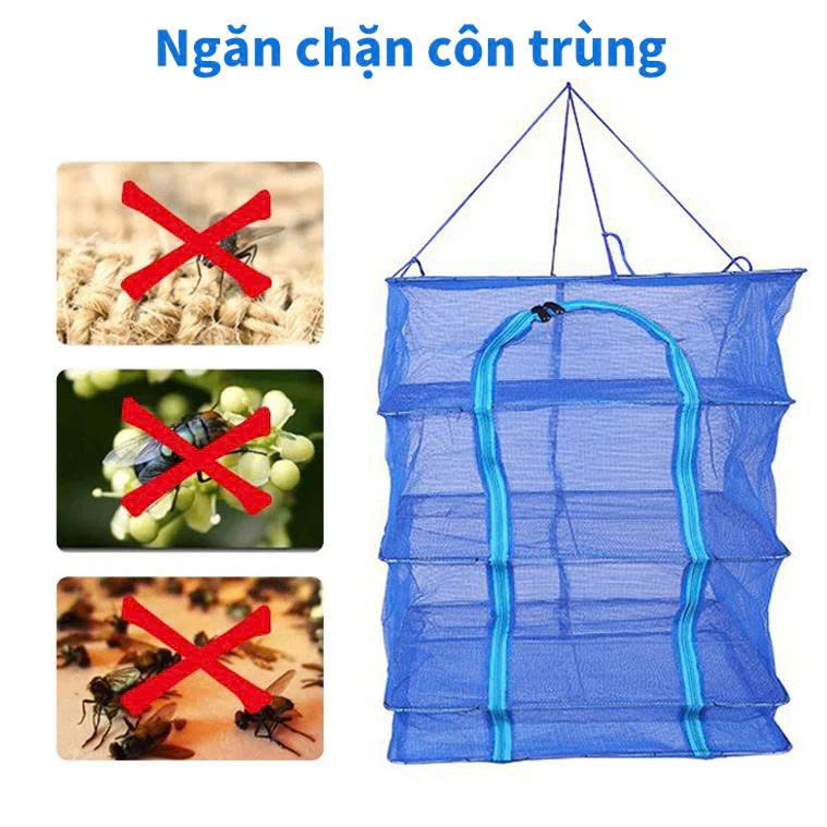 Lồng Lưới 4 Tầng Phơi  Khô Thực Phẩm  -  Lồng Phơi Thực Phẩm, Phơi Cá Khô Chống Ruồi Muỗi, Côn Trùng Bằng Lưới PE Dễ Dàng Vệ Sinh,Thu Gọn