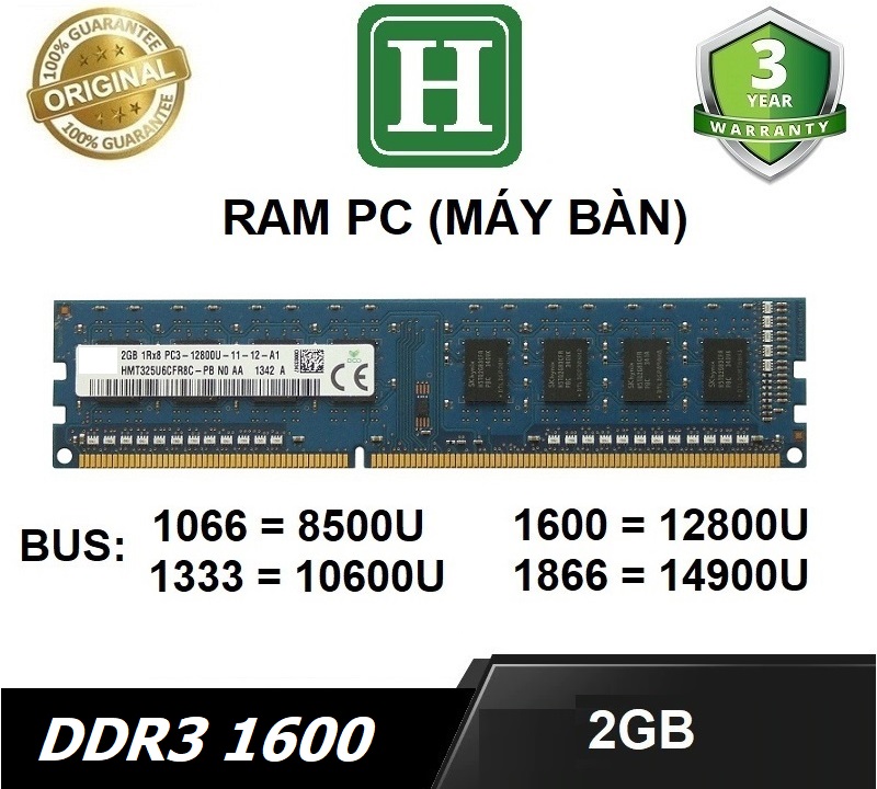 Ram PC 2GB DDR3 bus 1600 (12800U), ram cho máy bàn, desktop