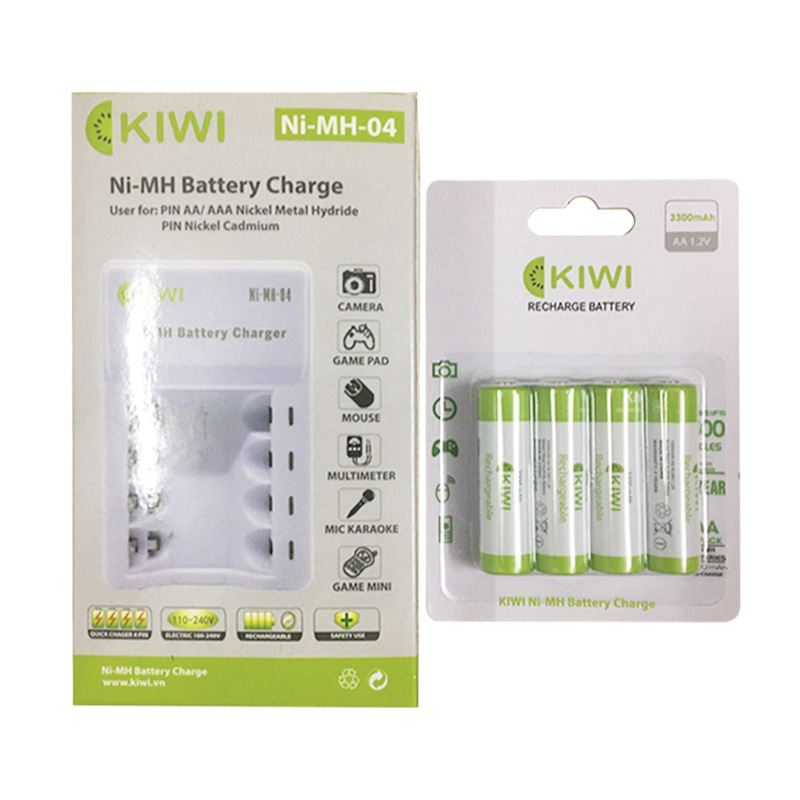 Combo 4 pin sạc Kiwi AA Ni- MH 3300mAh và bộ sạc pin AA/AAA đa năng 4 cổng - Hàng chính hãng