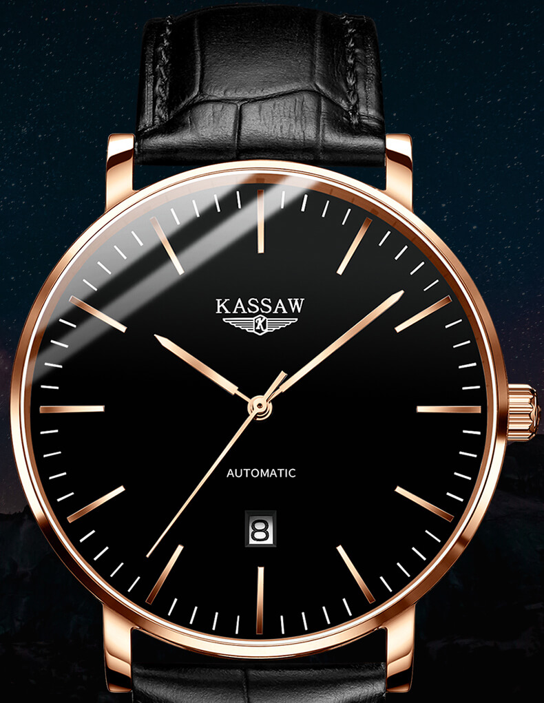 Đồng hồ nam chính hãng KASSAW K862-1 chống nước,chống xước,kính sapphire ,mặt đen dây da thép không gỉ 316L ,hàng mới 100% ,Đồng hồ cơ ,Thiết kế đơn giản và sang trọng
