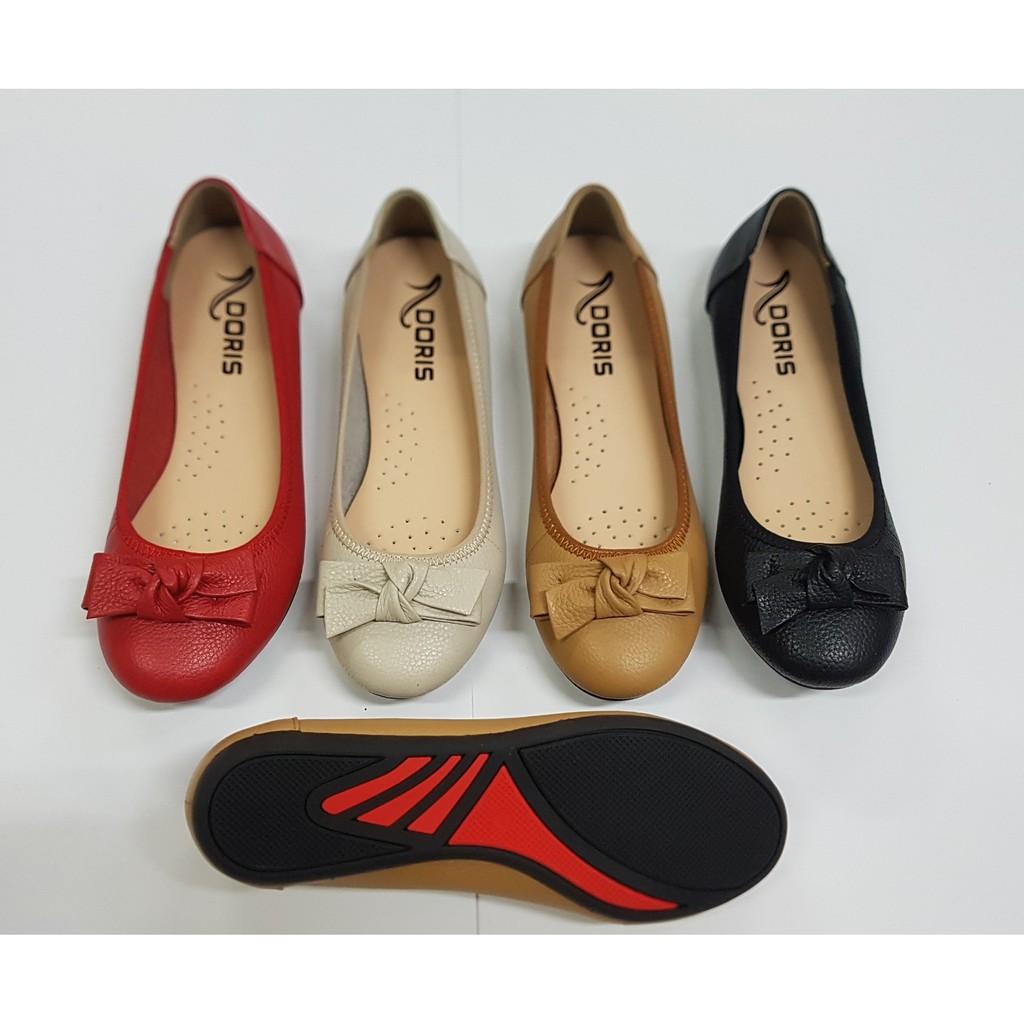 Giày búp bê Doris đế bệt,️️️️ giày da thật mũi tròn gắn nơ vuông màu đỏ, thời trang cho nữ DR004.