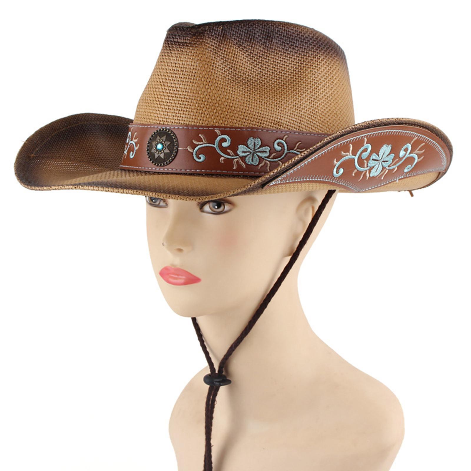 Western Style Cowboy Hat Women Men Wide Roll up Brim Outdoor Sun Hats with Chin Strap Versatile Jazz Caps Sun Protection for Festivals Travel