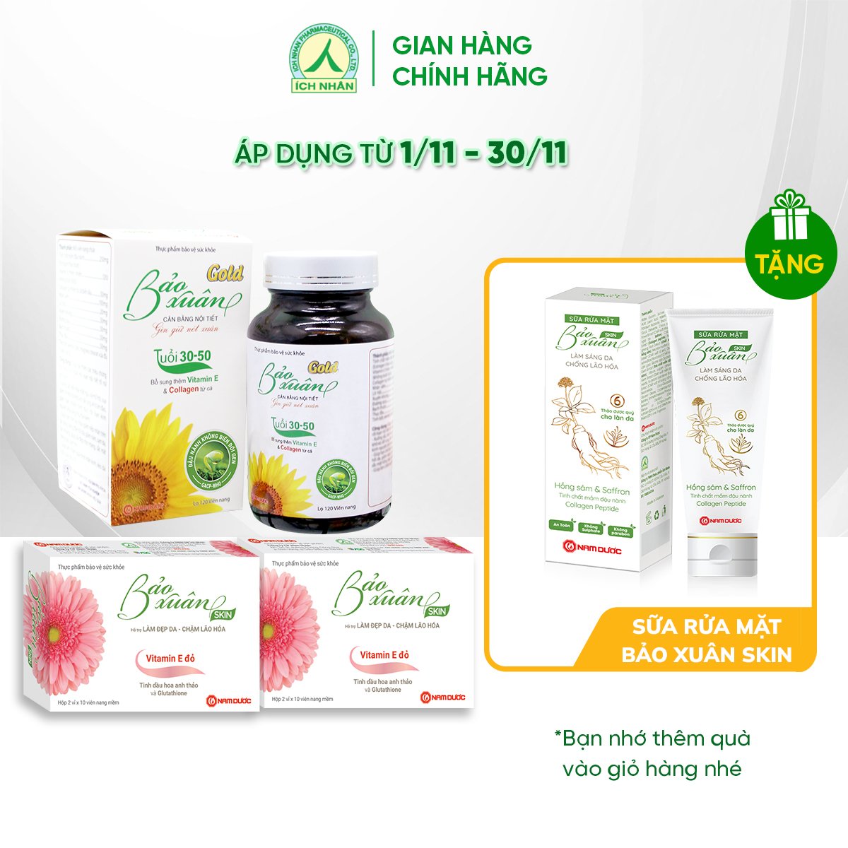 Bộ 2 sản phẩm Bảo Xuân Gold Dạng Lọ và Bảo Xuân Skin hỗ trợ Tăng Cường Nội Tiết Tố Nữ, Làm Đẹp Da, Chống Lão Hóa